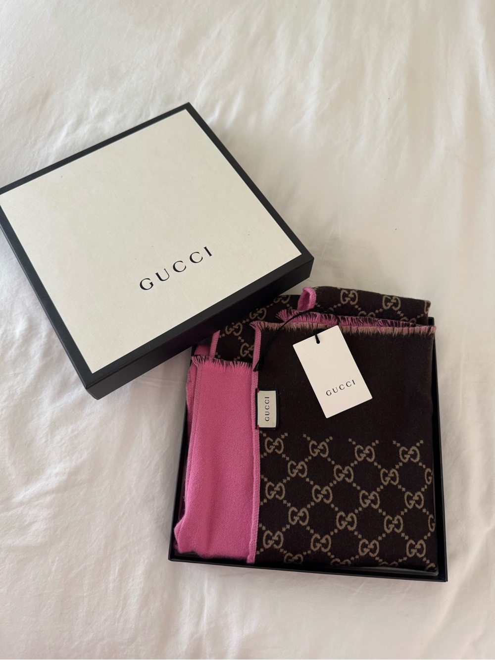 New - Never Worn - Gucci brown and pink GG monogram scarf. Wool & Silk blend.